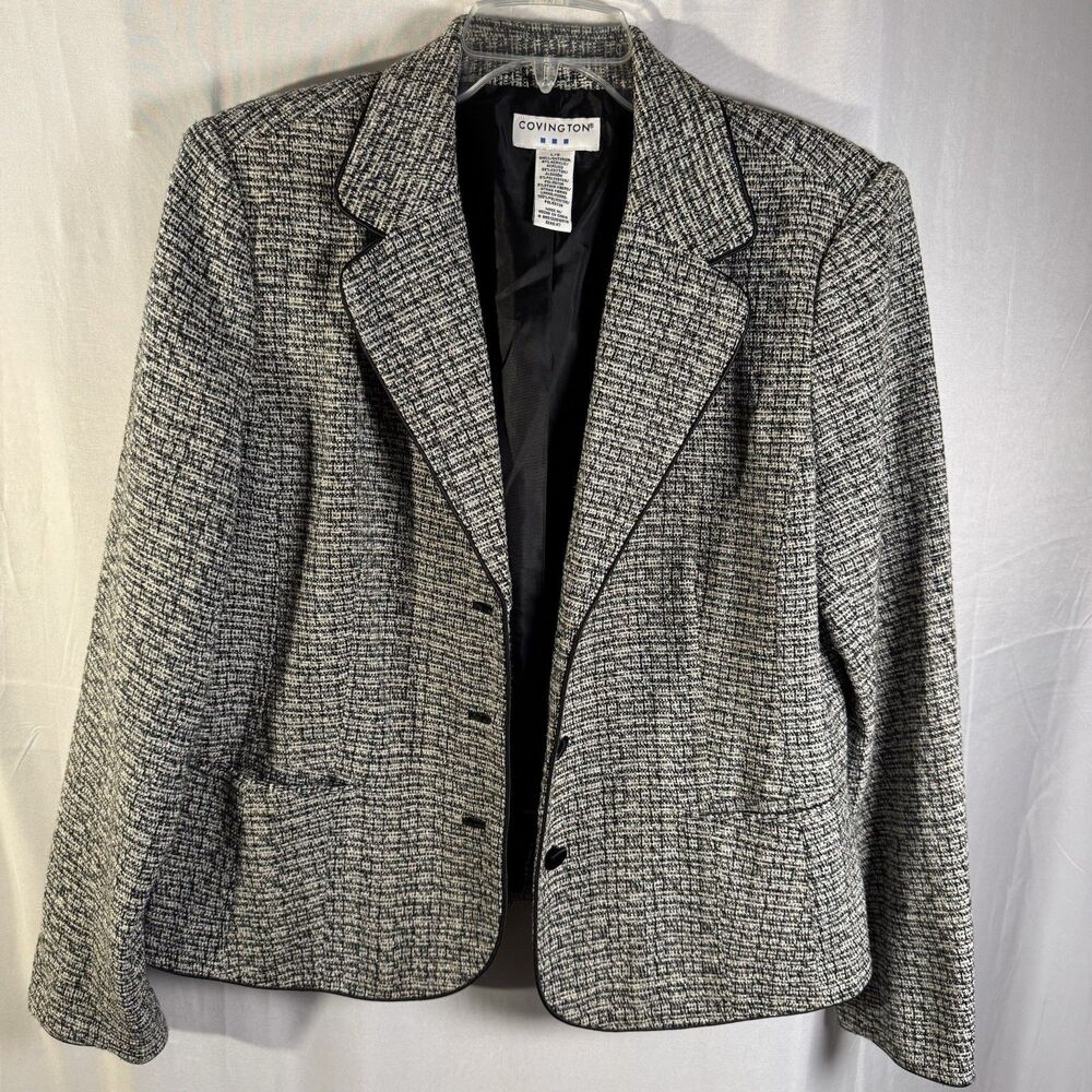 Covington Women’s Large Gray Black Tweed Blazer Career Work Jacket Lined Office